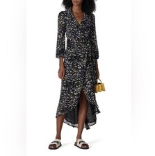 GANNI Floral Georgette Wrap Dress Black Viscose Midi Size 36 NWT Scandi