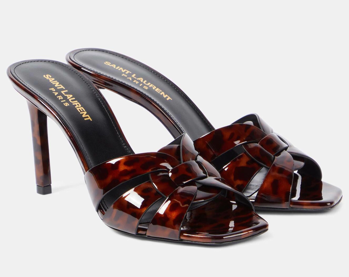 Saint Laurent Tribute 85 Mule sandalo marrone vernice pelle tacco senza schienale 40 5