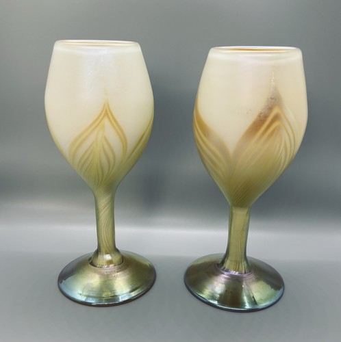 Pulled feather art glass Iridescent goblet Unmarked Estate Studio Steuben?