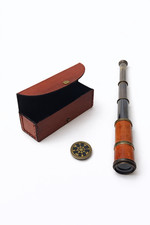Antique Brass Telescope with Embossed Leather Case