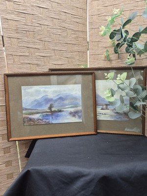 Vintage gerahmtes Aquarell Landschaftsgemälde in Eichenrahmen 2er Set