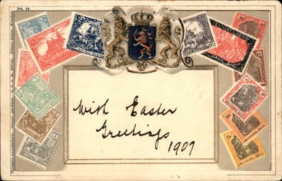 German Postage Stamps Printed & Embossed in Color c1910 Philatelic Postcard #1