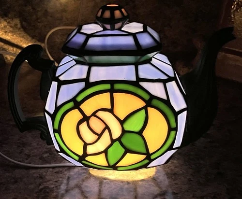 Vintage Tiffany Style Teapot Table Lamp Tea light Stained Glass Accent Lamp Rose