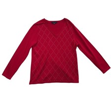 Tommy Hilfiger Sweater Womens XL Red Gold Studs Holiday V Neck Long Sleeve
