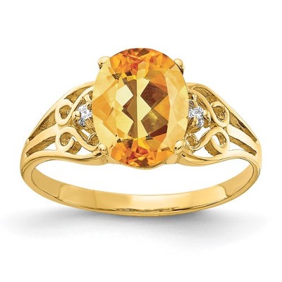 14k Yellow Gold 9x7mm Oval Citrine Diamond Ring Size 6