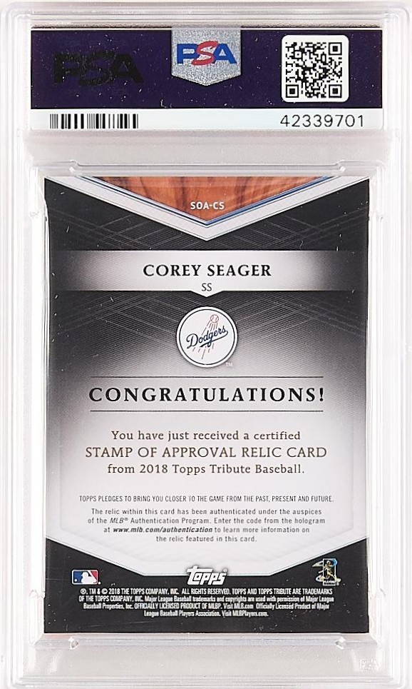 POP 1 PSA 10 2018 Topps Tribute COREY SEAGER Stamp of Approval Relic Orange /25 view 2