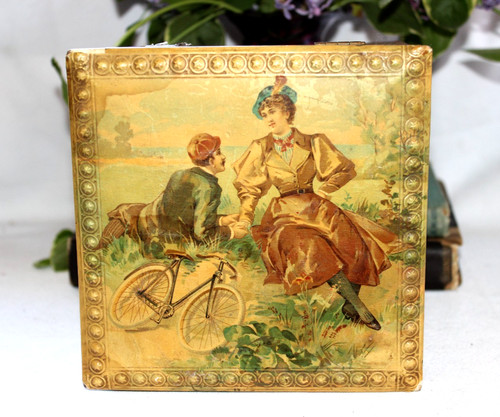 Celluloid Covered Wood Box bicycle couple Antique Vanity velvet green lined
