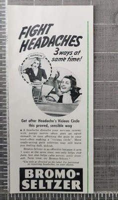 1942 Bromo Seltzer Fight Headaches 3 Ways At Same Time Vintage Print Ad