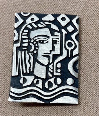 Vtg Alice Seely Modernist Yin/Yang Face Brooch Pewter Surrealist Art Jewelry Y2K