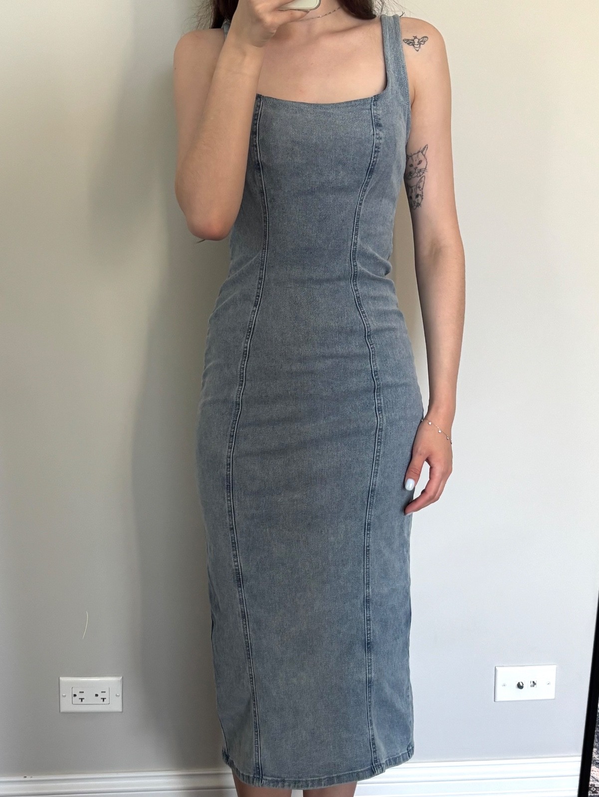 Riley & James Denim Midi Dress Blue Bodycon Sleeveless Stretch Women’s Small