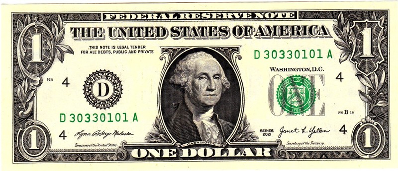$1 2021 Fancy Serial  Uncirulated CU D30330101A