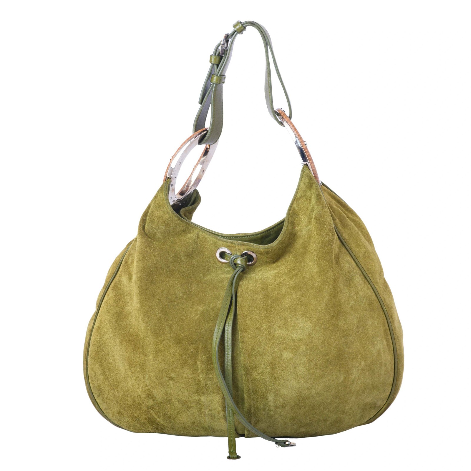 Borsa a tracolla Sergio Rossi verde oliva scamosciata hobo con coulisse