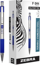 Zebra Pen F-301 Ballpoint Blue Ink Fine Point 0.7Mm Pen, Easy-Glide Ink, Stainle