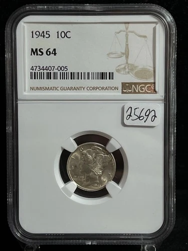 1945 P US Mercury Silver Dime - NGC MS64