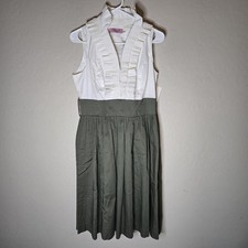 Eliza J Midi Dress Sz 8 Fit & Flare Mini Pleated Neckline Ruffled Ivory & Olive