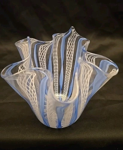Murano Latticino Blue & White Art Ribbon Glass Vase - Bowl Handkerchief