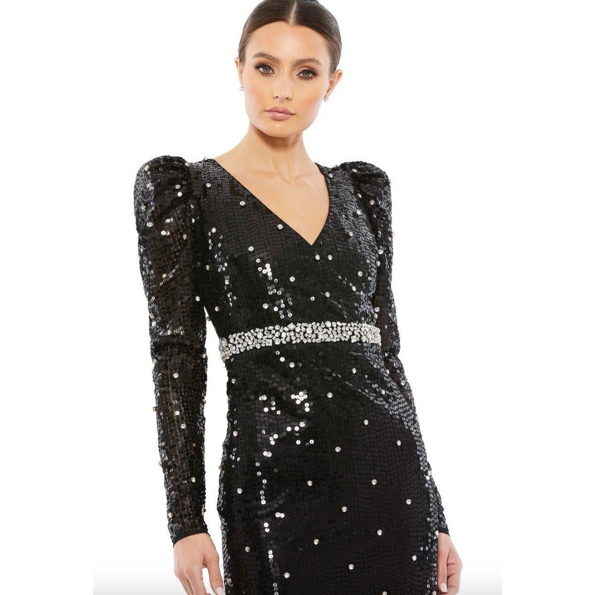 MAC DUGGAL Sequined Long Sleeve V-Neck High Slit Gown Size 2