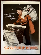 1938 PHILIP MORRIS Cigarettes Christmas Vintage Print Ad Chimney Smoking Bellboy