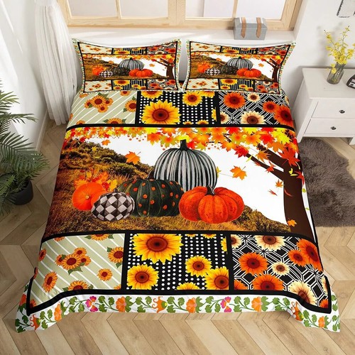 Autumn Pumpkin Sunflower Maple Leaves Duvet Quilt Cover Bedding Queen Pillowcase - Bild 2 von 13