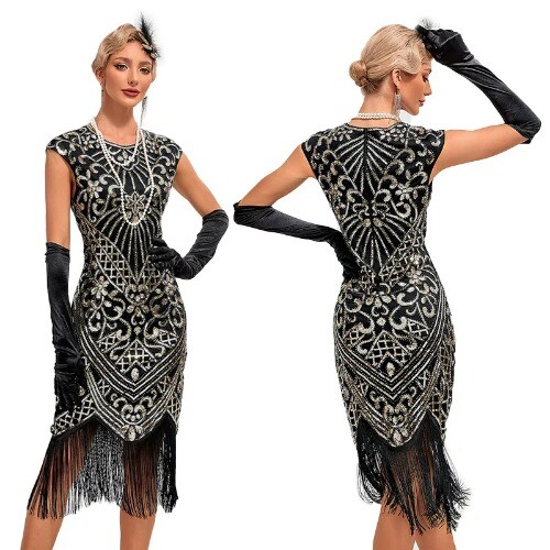 30S Flapper Dresses 1920s Vintage Dress Summer Fringe Beaded Great Gatsby Party - Picture 4 of 28