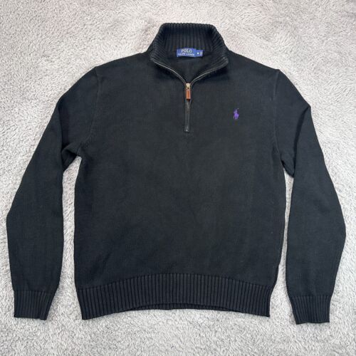 Polo Ralph Lauren Sweater Men’s Size M Black 1/4 Zip Knit Cotton Purple Pony