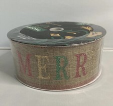 50 Yards Members Mark Tan with Glitter Merry Christmas Wired Ribbon