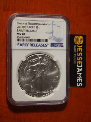 2017 (P) SILVER EAGLE NGC MS70 STRUCK AT PHILADELPHIA MINT EARLY RELEASES LABEL