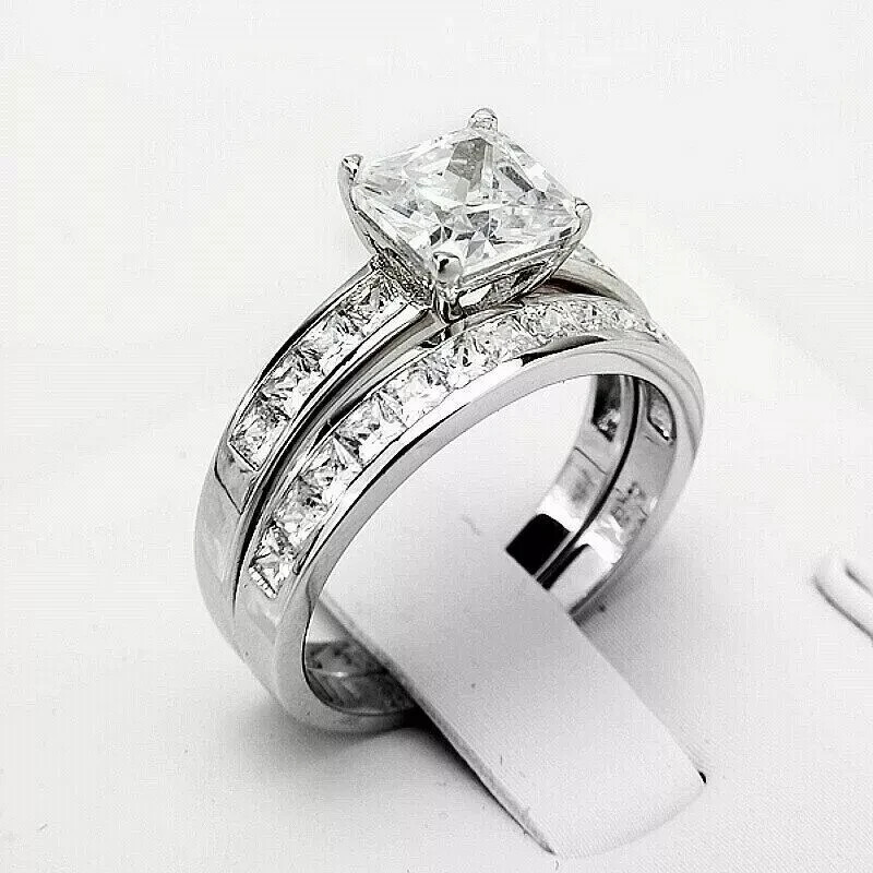 Engagement Ring Set 2.CT Princess Cut White Moissanite 14K White Gold Size 6.5-image