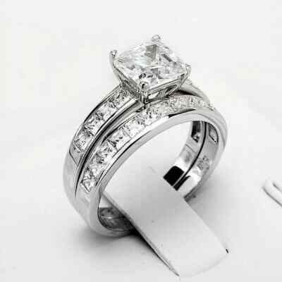 Engagement Ring Set 2.CT Princess Cut White Moissanite 14K White Gold Size 6.5