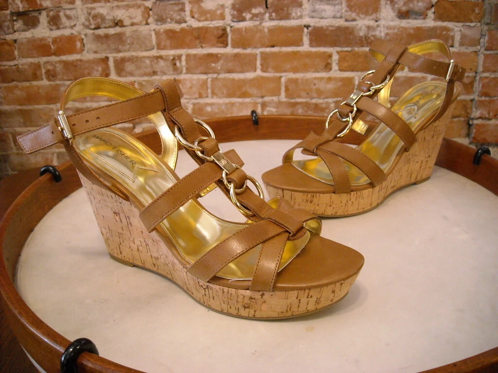 Marc Fisher Genny Brown Leather Multi Strap Wedge Sandals 7.5 SALE