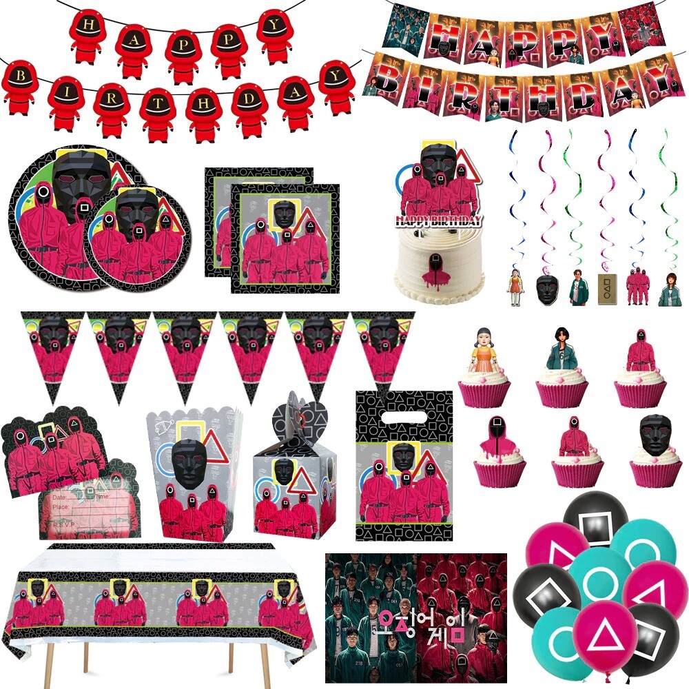 Squid Game Birthday Party Supplies Balloons Decorations Tablecloth Cake  Banner | eBay