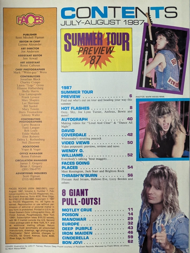 Faces Rocks Magazine July-Aug 1987 Bon Jovi, Motley Crue, Manowar, Poison, KISS  - Image 2 of 4