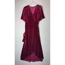 Simplee Plus Velvet Dress Wrap Hi-Low Pleated Burgundy 2XL