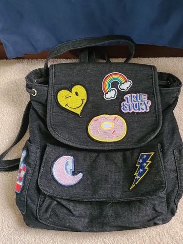 Olive Miller Girl backpack Jean w/ patches. Front pocket w/drawstrings. Euc - Picture 2 of 5