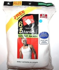 Hanes Men's White 100 Cotton 6-Pk Tagless Tanks - Small or Medium or Large