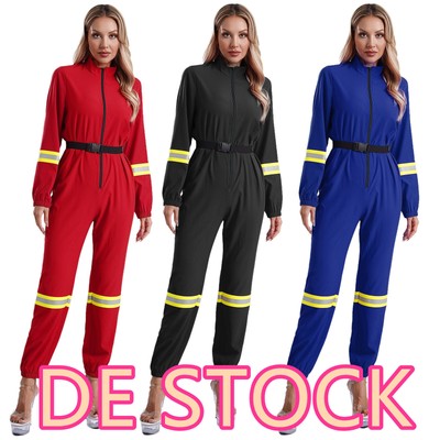 DE Damen Strampler Mit Gürtel Feuer Bodysuit Performance Overalls Halloween Zip