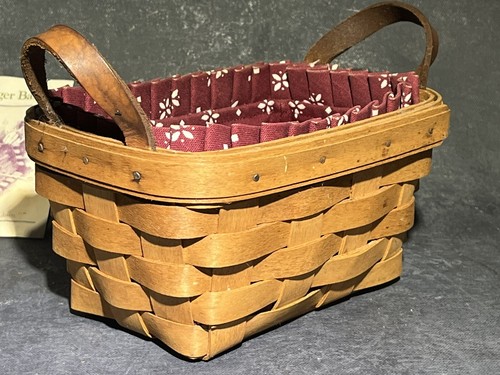 LONGABERGER 1995 Small BASKET Cloth Insert LEATHER HANDLES 7x5x4 NICE! - Picture 5 of 12