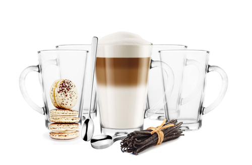 6 Latte Macchiato Gläser 300 ml mit Henkel und 6 Edelstahl-Löffel GRATIS Kaffee - Afbeelding 1 van 7