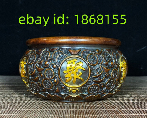 5.1" palace copper bronze gilt carved gold ingot Statue wealth treasure bowl pot - Picture 1 of 9