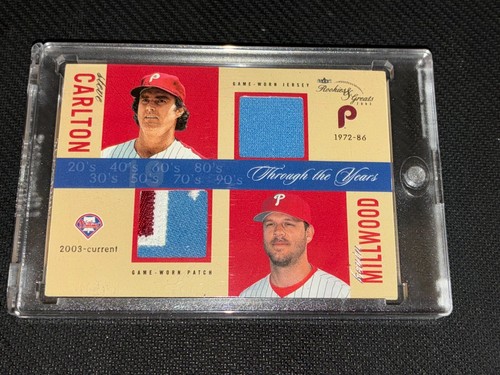 2003 FLEER thru yrs Rookies/Greats STEVE CARLTON KEVIN MILLWOOD JSY/PATCH #13/25
