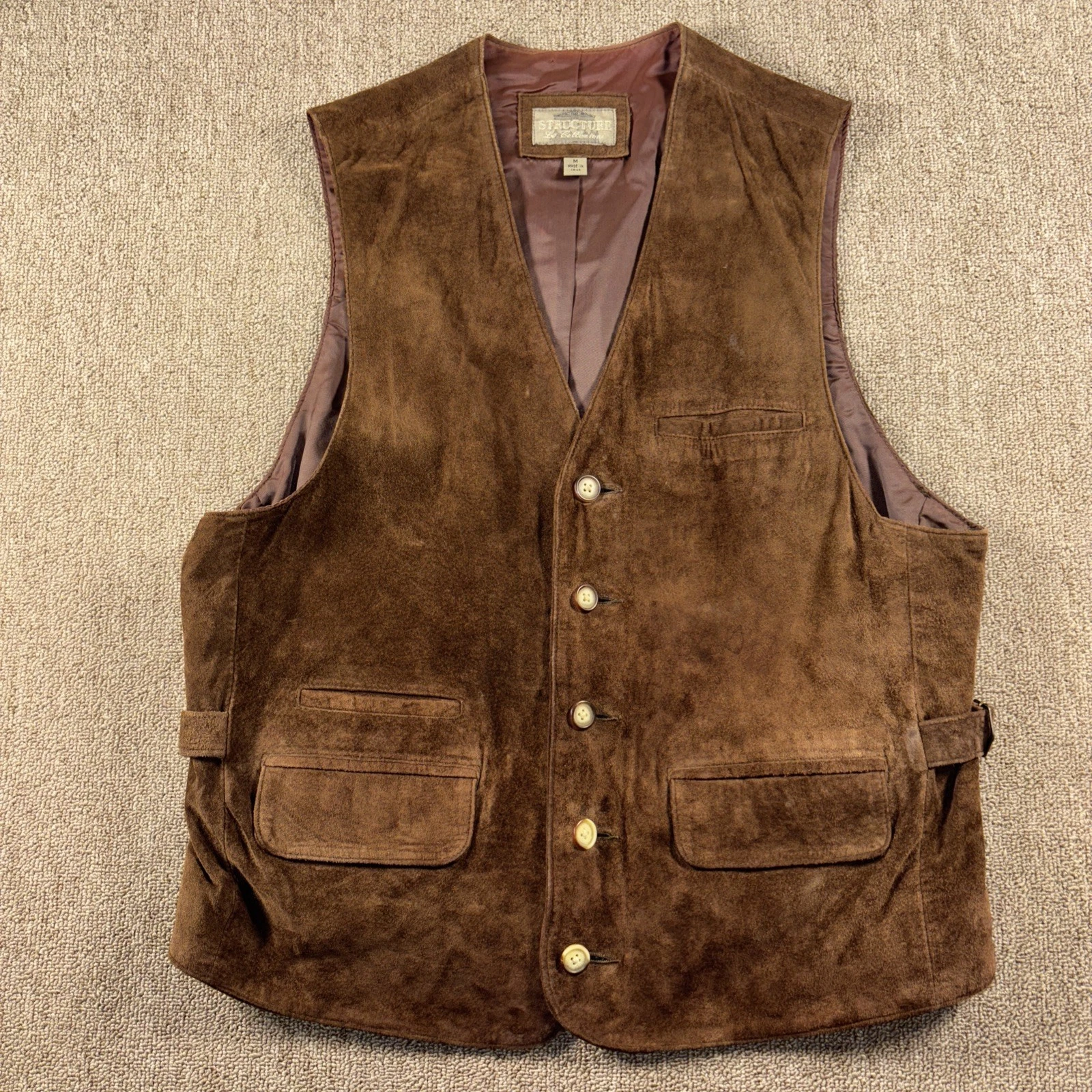 Vintage Structure Genuine Leather Riding Brown Vest Snap Button Men's Sz M