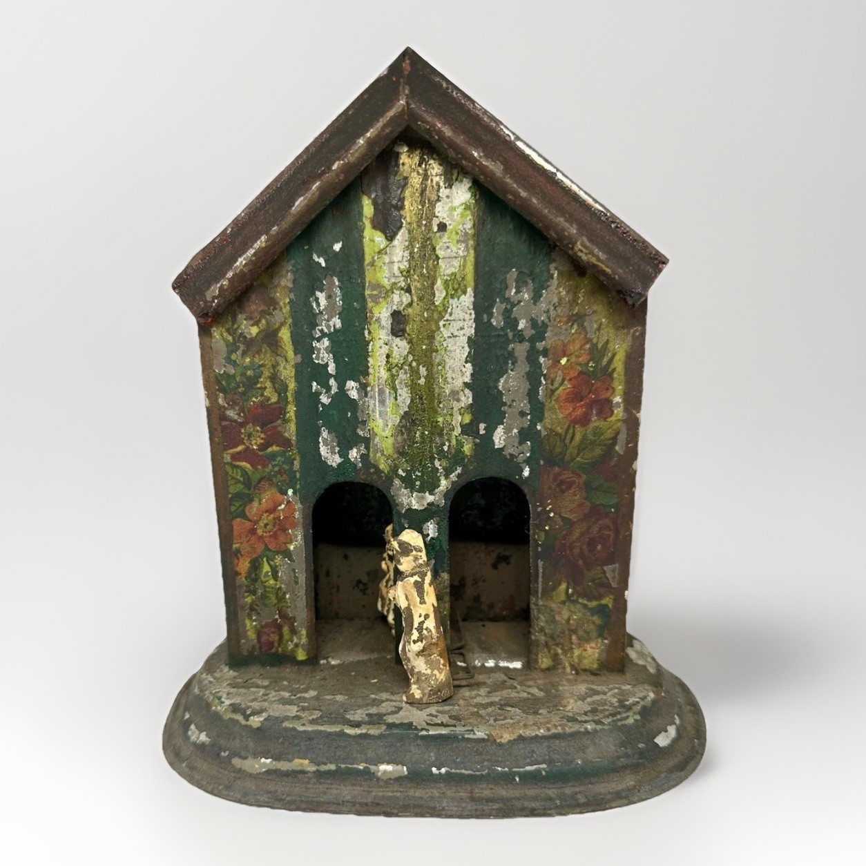 Antique German Tin Litho Weather House Barometer With Figures