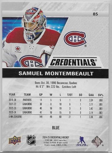 SAMUEL MONTEMBEAULT 2024-25 UPPER DECK CREDENTIALS BLUE #/299 - Picture 2 of 2