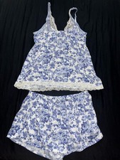 Ashley Lauren Pajama Set Women's Medium White And Blue Floral