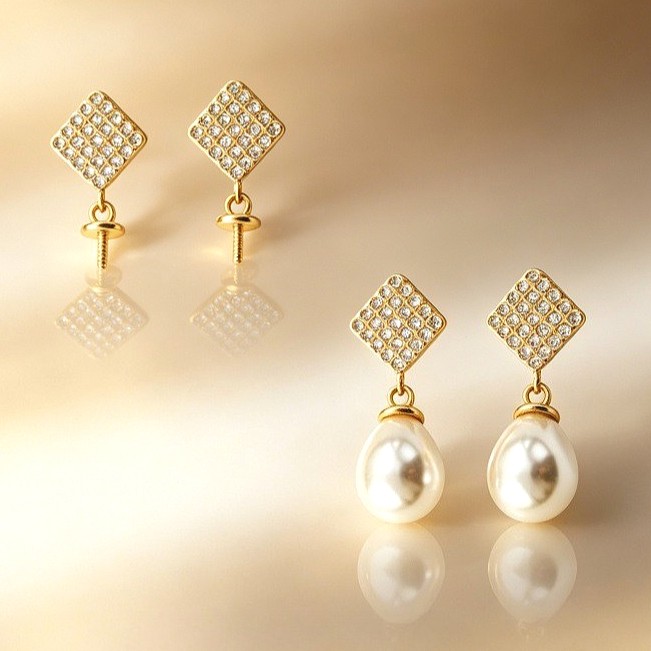 S925 Plata de Ley Cuadrada 18k Chapado Perla Pendientes Ajustes Soporte para 6-12mm