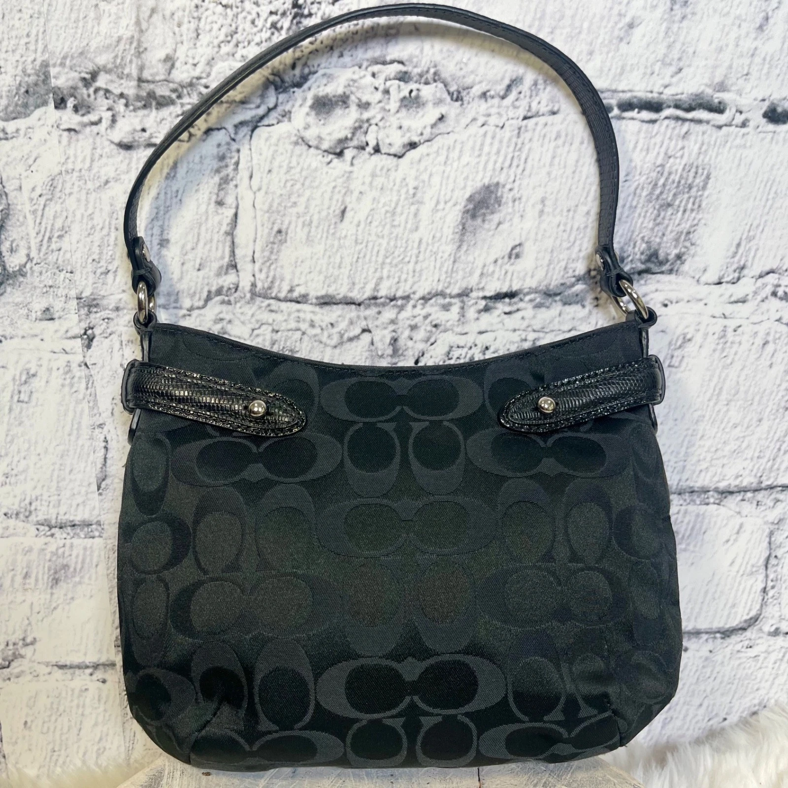 Borsa vintage Coach Colette firmata nera hobo bordo in pelle verniciata Y2K