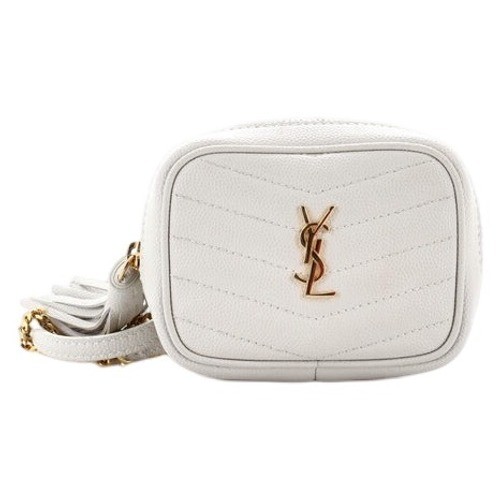 SAINT LAURENT YSL White Chevron Leather Camera Bag Tassel Gold |AUTHENTICATED
