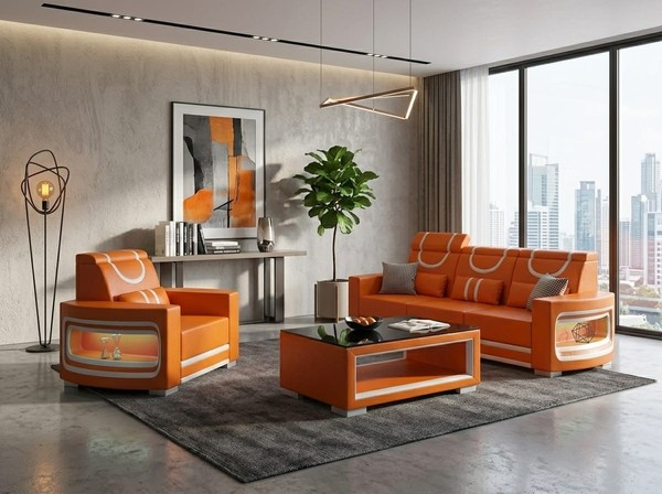 Sofa Set 3-Sitzer Sessel Orange Weiß Wohnzimmer Couch Design MöBel *-image