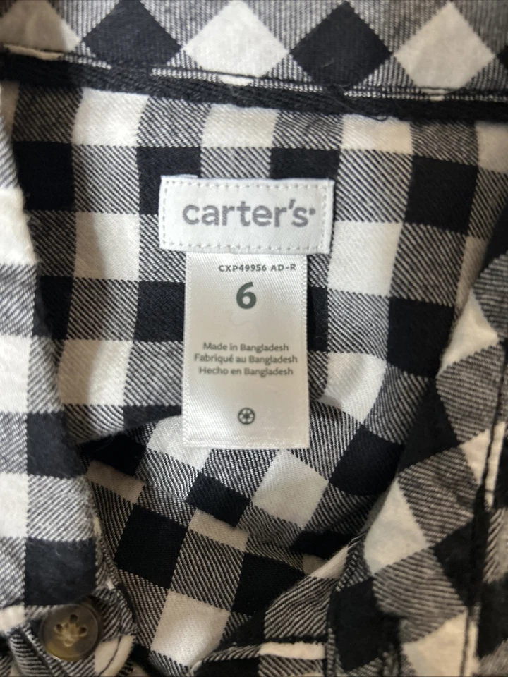 Carter's Boys' Black and White Plaid Button-Up Shirt Size 6 Long Sleeve Cotton - Image 3 of 4