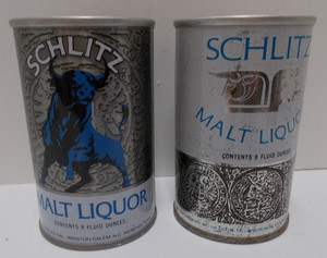 Two 1970's Schlitz Steel Beer Cans Malt Liquor 8 oz 8 states,Blue Bull 6 states